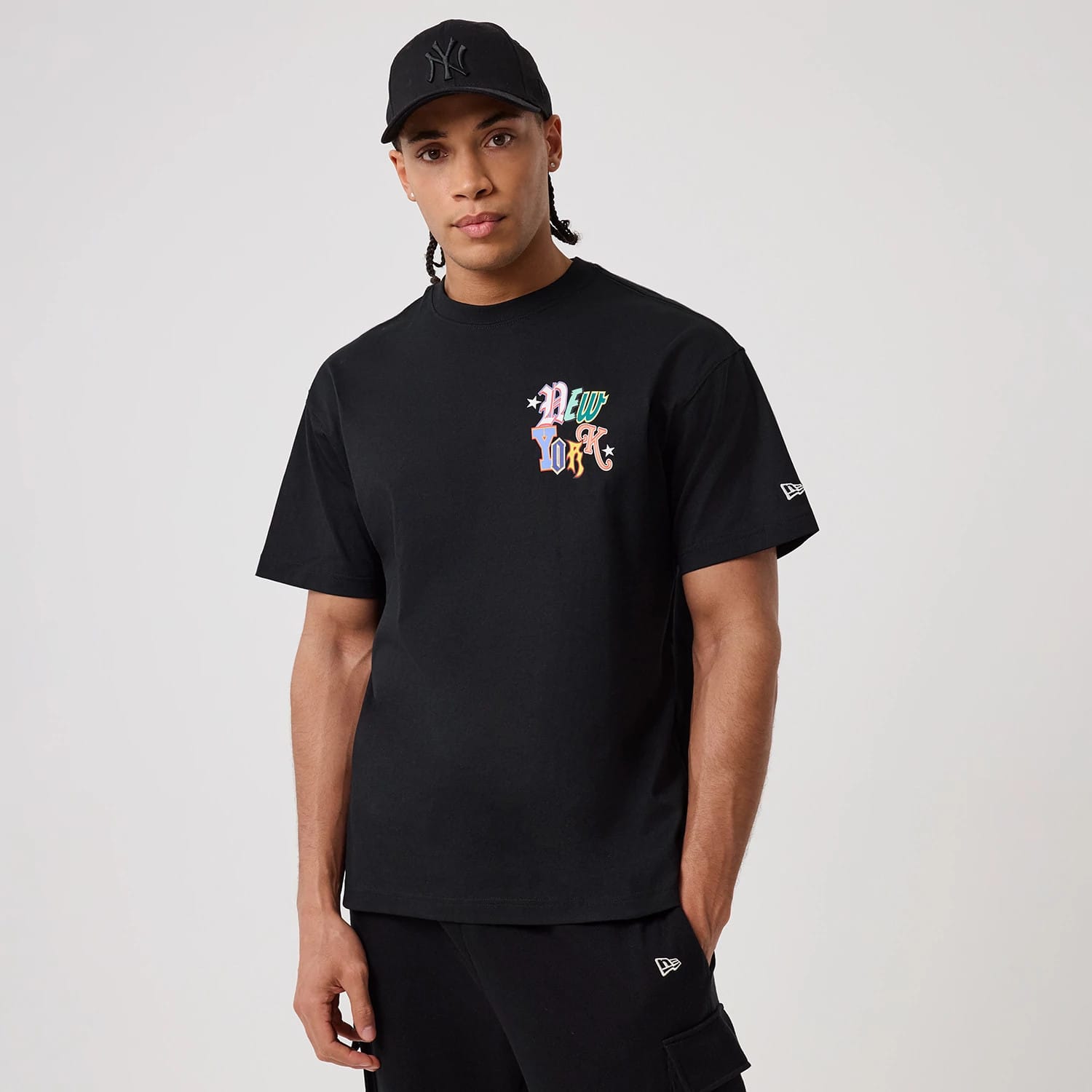 The model is wearing this MLB Word Art New York Yankees T-Shirt in black. 1