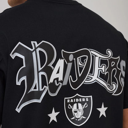 The model is wearing this NFL Word Art Las Vegas Raiders T-Shirt in black. 4