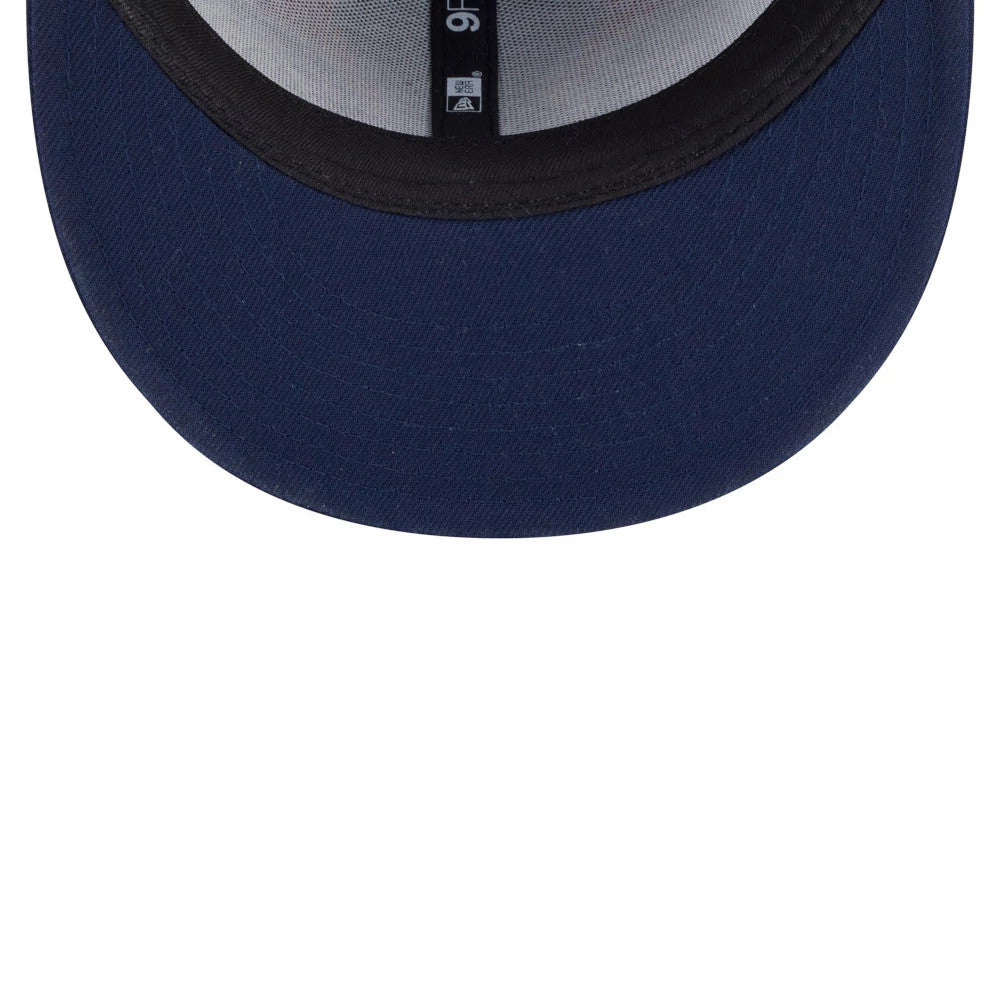 Rick And Morty Dark Blue New Era 9FIFTY Adjustable Cap, inside view showing the black sweatband with a white 9FIFTY label, matching dark blue taping across the crown, and the underside of a blue visor.