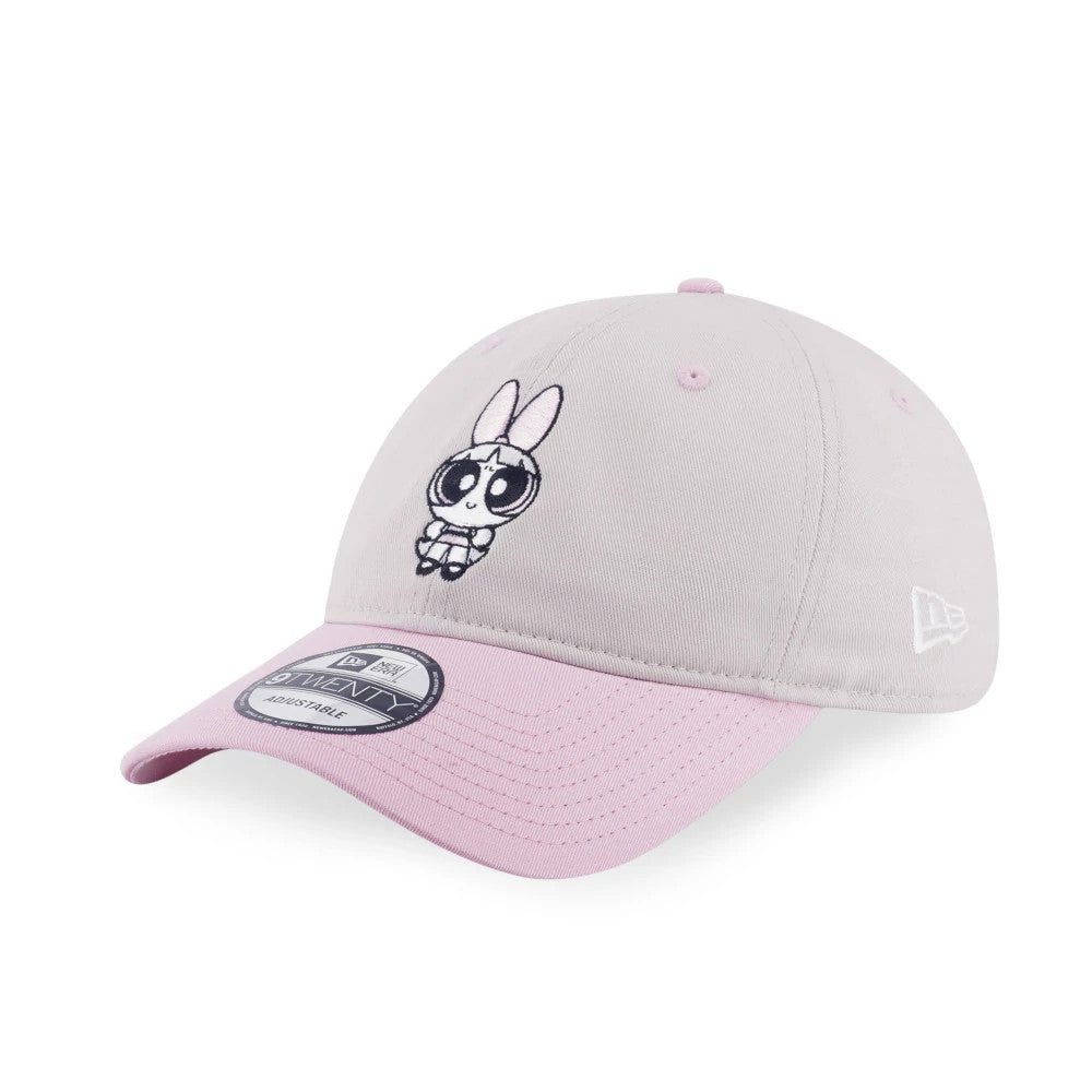 Powerpuff Girls Blossom Grey & Pink New Era 9TWENTY Adjustable Cap, front view showing an embroidered Blossom character on the grey front panel, pink curved visor with 9TWENTY size sticker, and white New Era flag logo on the left side.