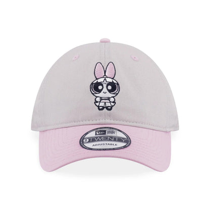 Powerpuff Girls Blossom Grey & Pink New Era 9TWENTY Adjustable Cap, front view showing an embroidered Blossom character on the light grey front panel, with pink top button, eyelets, visor, and a 9TWENTY size sticker.