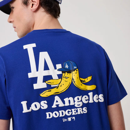 LA Dodgers MLB Banana Graphic Bright Blue T-Shirt, rear view showing a large white LA logo next to a graphic of two yellow bananas wearing a blue LA cap, with white 'Los Angeles Dodgers' text and MLB logos at the bottom.