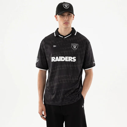 The model is wearing this NFL Las Vegas Raiders Soccer Jersey in black. 1