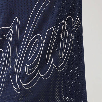 The model is wearing this New Era Mix League Oversized Mesh T-Shirt in blue. 4