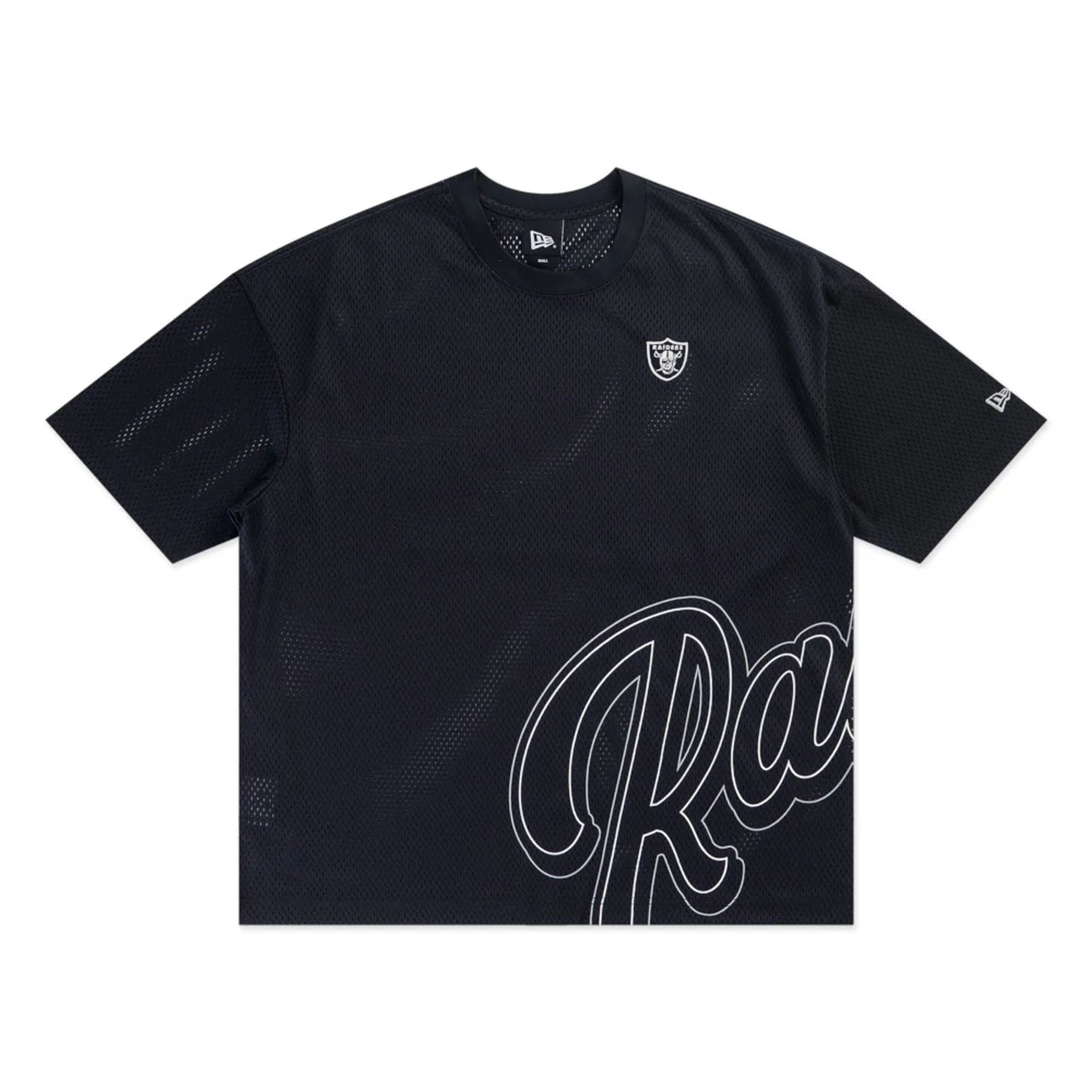 The model is wearing this NFL Mix League Las Vegas Raiders Oversized Mesh T-Shirt in black. 1