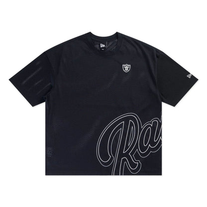 The model is wearing this NFL Mix League Las Vegas Raiders Oversized Mesh T-Shirt in black. 1