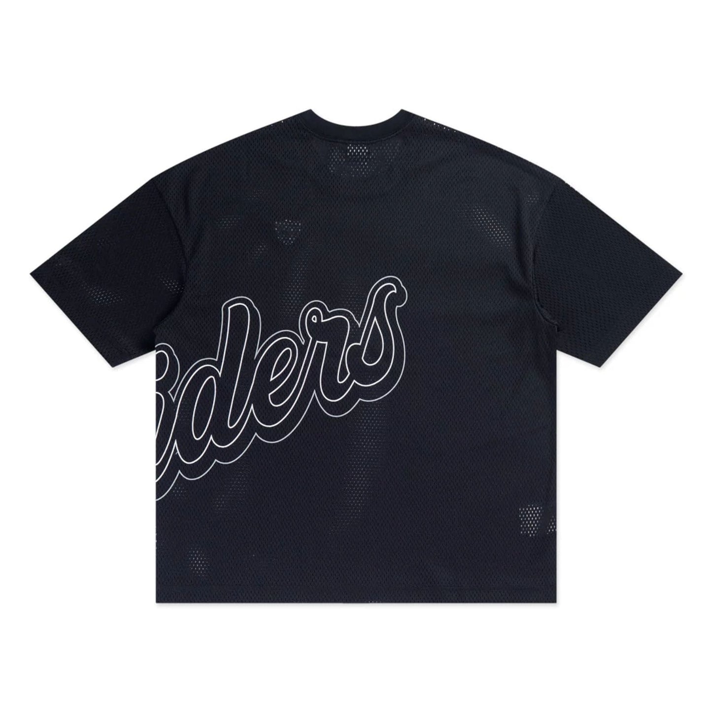 The model is wearing this NFL Mix League Las Vegas Raiders Oversized Mesh T-Shirt in black. 2