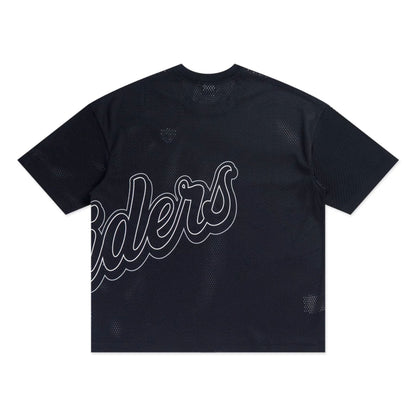 The model is wearing this NFL Mix League Las Vegas Raiders Oversized Mesh T-Shirt in black. 2