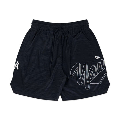 The model is wearing this MLB Mix League New York Yankees Oversized Mesh Shorts in black. 7