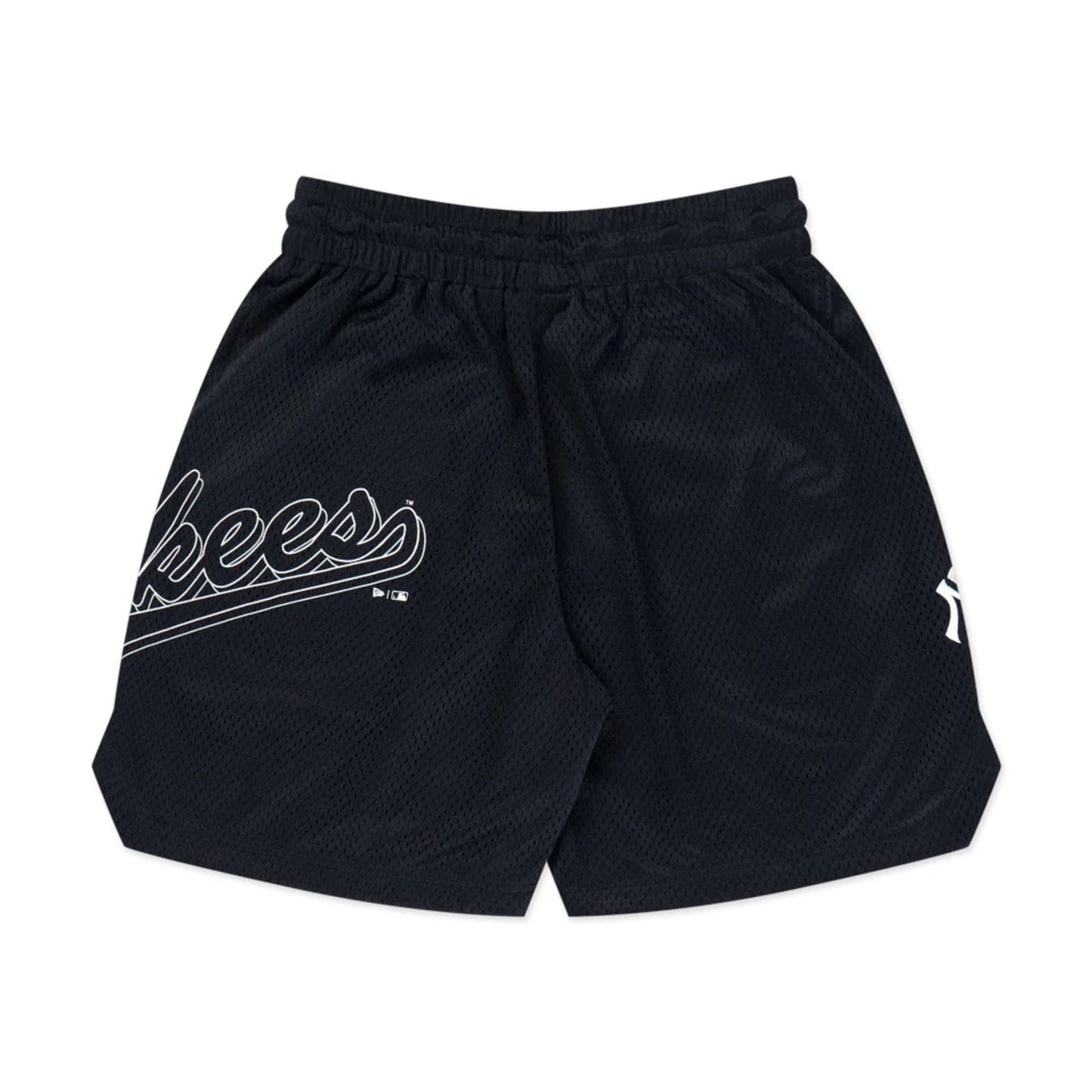 The model is wearing this MLB Mix League New York Yankees Oversized Mesh Shorts in black. 8