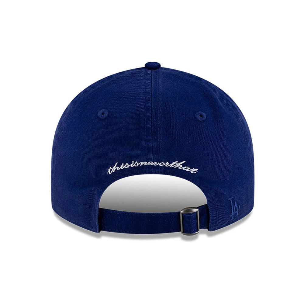 LA Dodgers Thisisneverthat X MLB Dark Blue Retro Crown New Era 9FIFTY Adjustable Cap, rear view showing the white embroidered thisisneverthat logo across the back opening, with an adjustable strap and small LA logo on the left side of the crown.