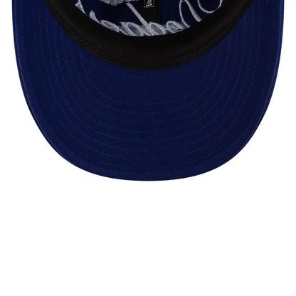 LA Dodgers Thisisneverthat X MLB Dark Blue Retro Crown New Era 9FIFTY Adjustable Cap, inside view showing black sweatband, white script taping and dark blue undervisor beneath the flat visor.