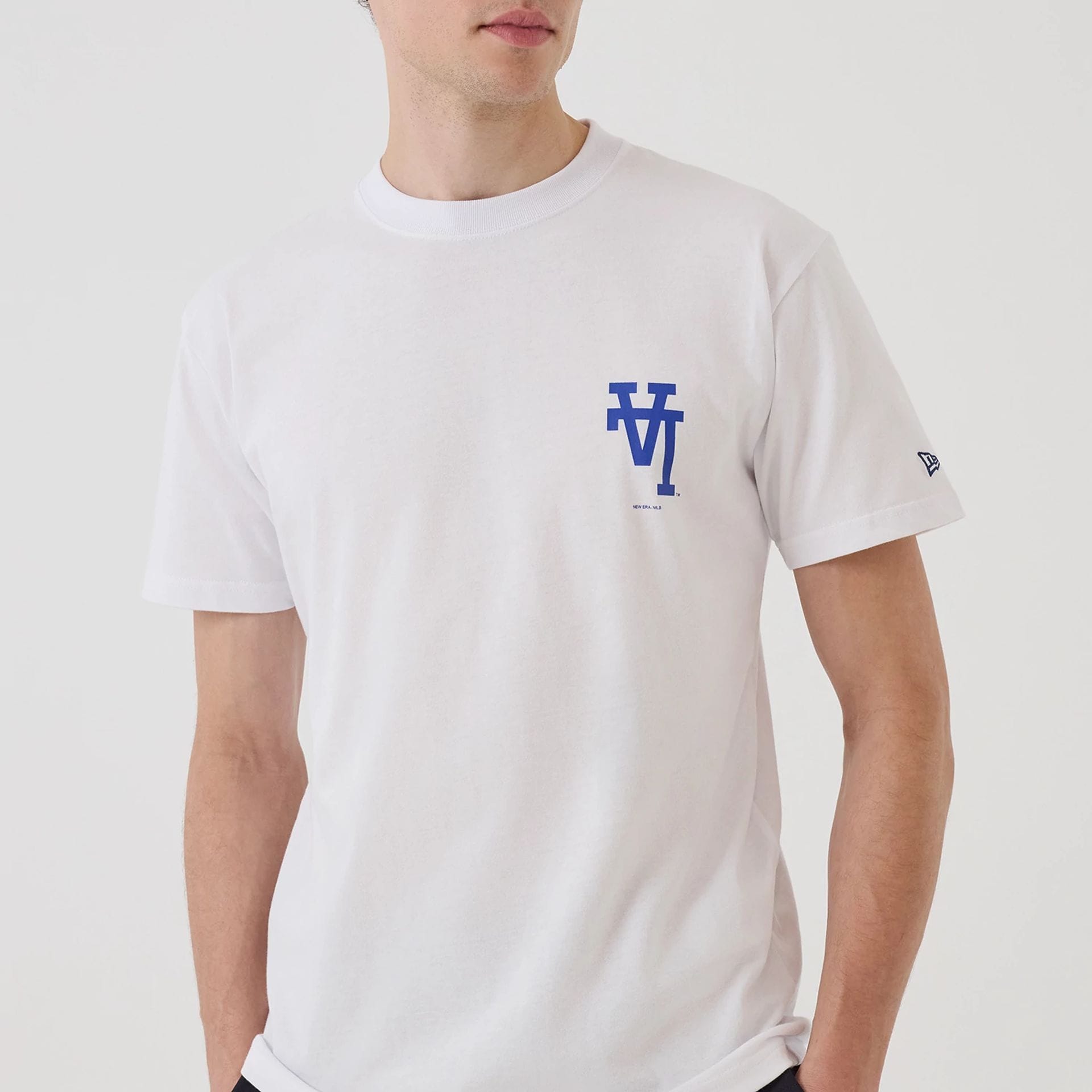The model is wearing this MLB Upside Down LA Dodgers T-Shirt in white. 5