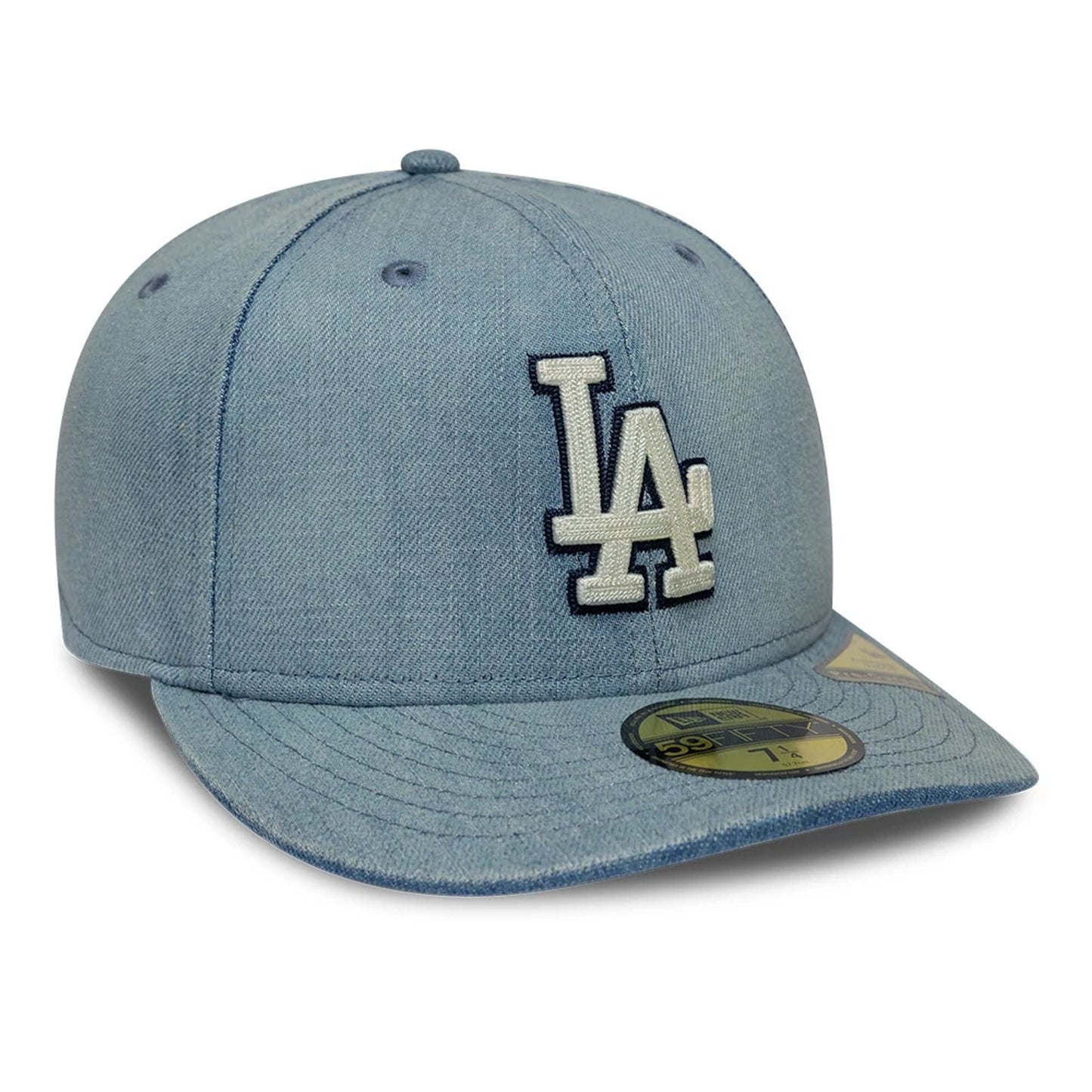 Pictured is this MLB Chain Stitch Washed Denim LA Dodgers 59FIFTY Fitted cap in navy. 4