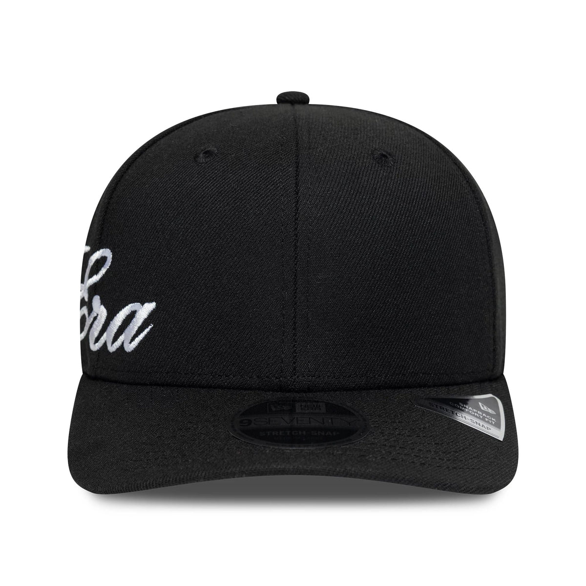 Pictured is this New Era Big Script 9SEVENTY Stretch Snap cap in black. 2