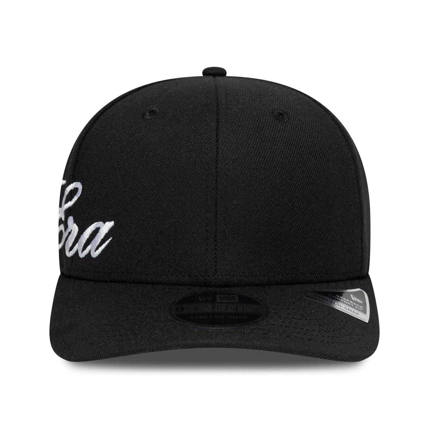 Pictured is this New Era Big Script 9SEVENTY Stretch Snap cap in black. 2