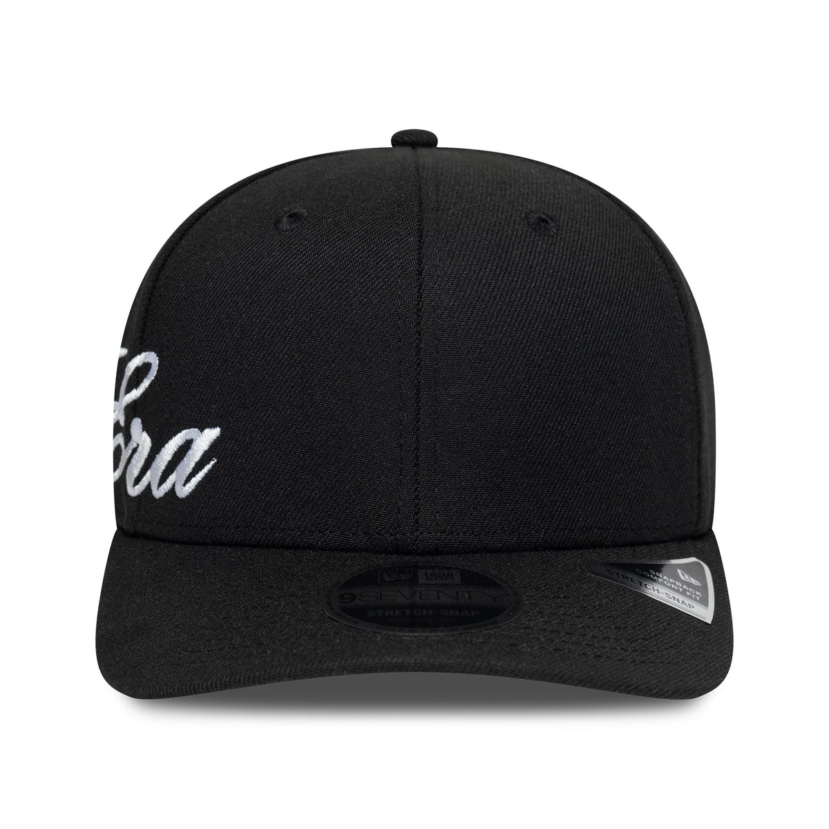 New Era Big Script Black 9SEVENTY Stretch Snap Adjustable Cap, front view showing white script logo embroidered on the front panel and a 9SEVENTY size sticker on the black visor below the black top button.
