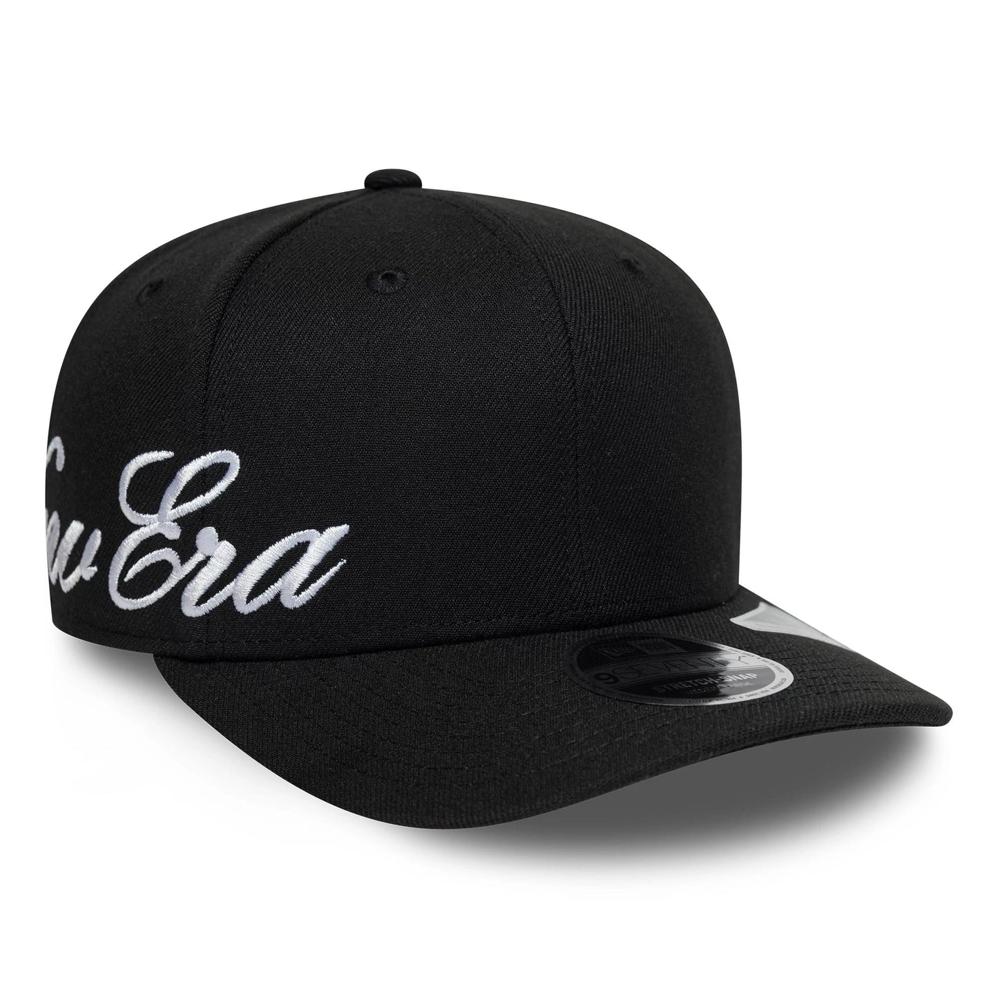 Pictured is this New Era Big Script 9SEVENTY Stretch Snap cap in black. 1