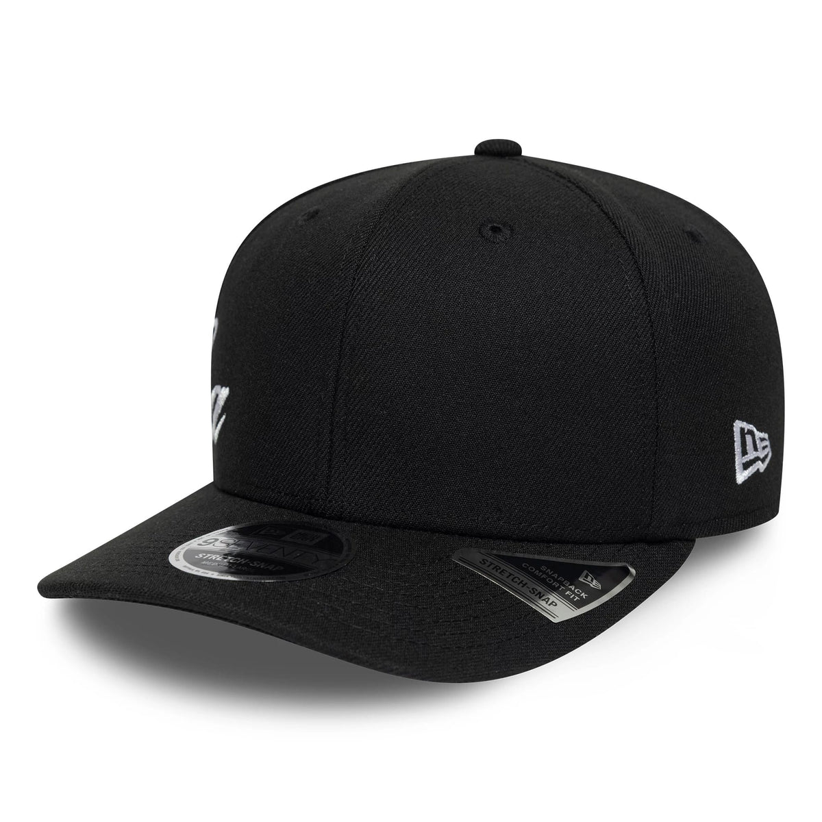 Pictured is this New Era Big Script 9SEVENTY Stretch Snap cap in black. 3