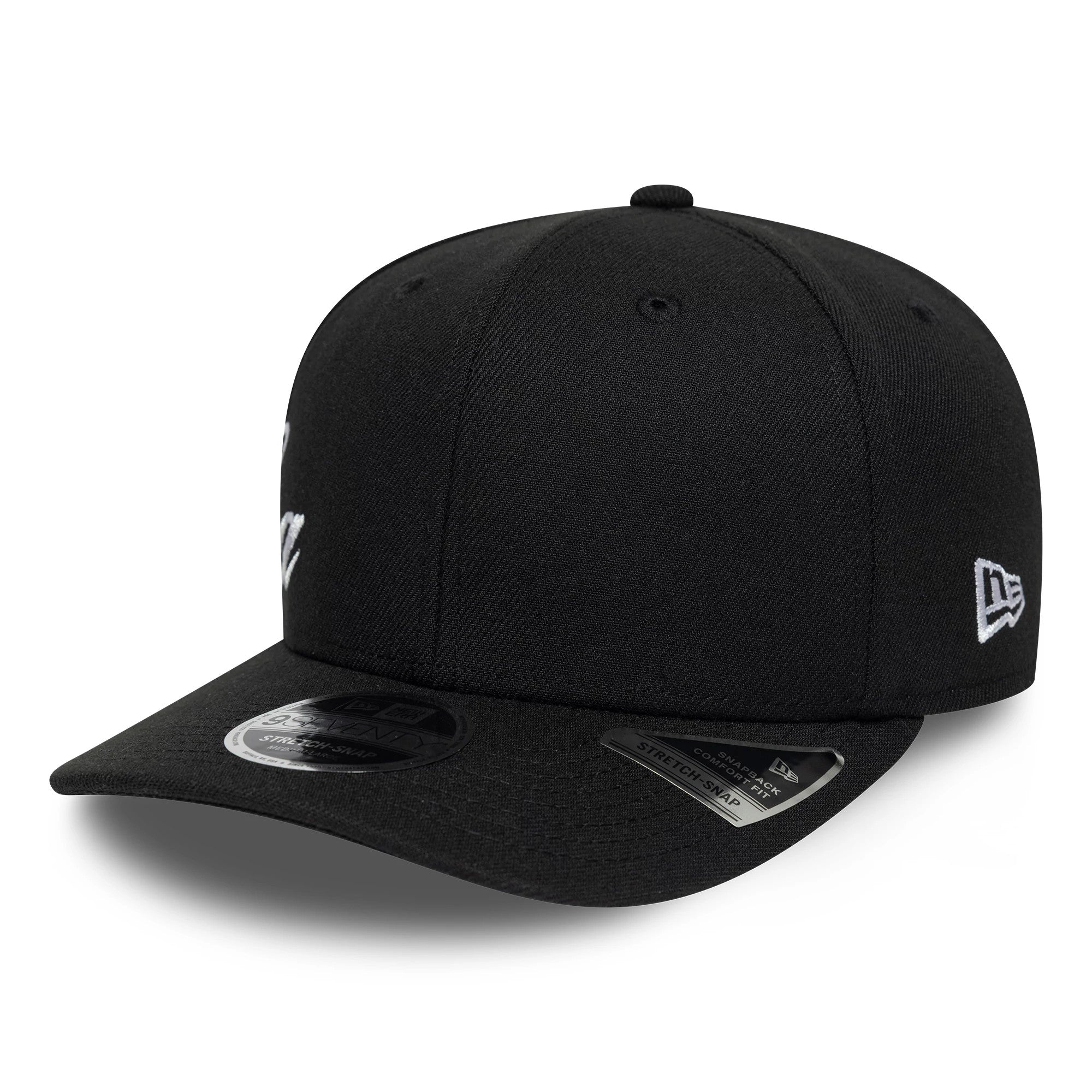 Pictured is this New Era Big Script 9SEVENTY Stretch Snap cap in black. 3
