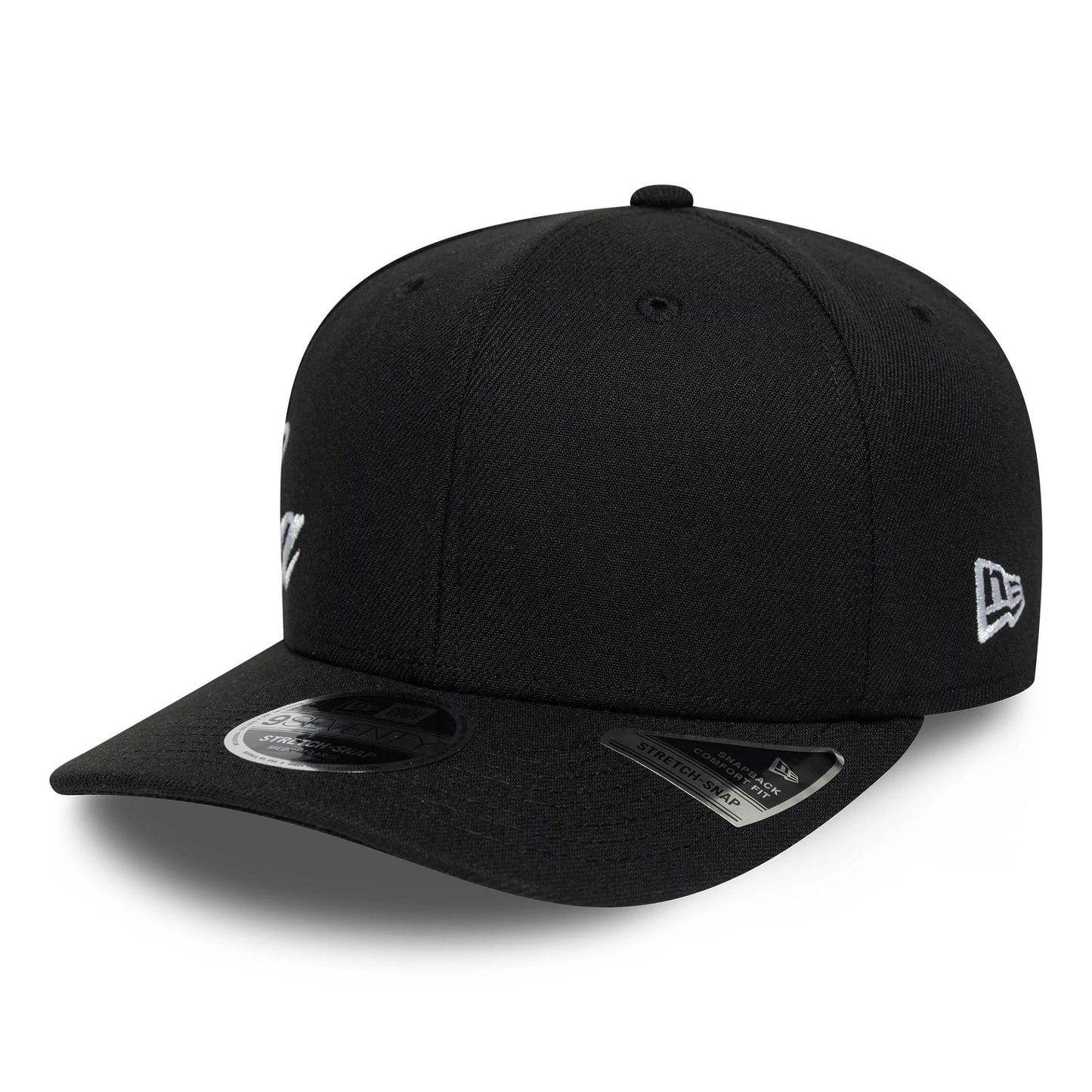 Pictured is this New Era Big Script 9SEVENTY Stretch Snap cap in black. 3