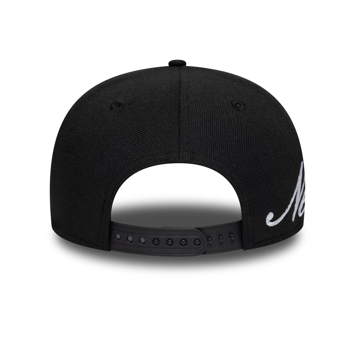 New Era Big Script Black New Era 9SEVENTY Stretch Snap Adjustable Cap, rear view showing the black snap closure and a structured crown with embroidered script detail ending near the back panels.