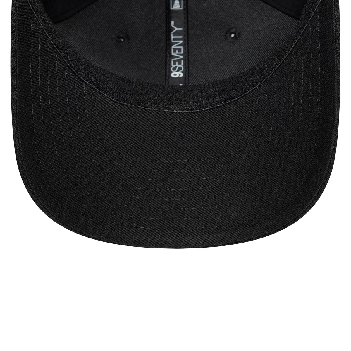 New Era Big Script Black 9SEVENTY Stretch Snap Adjustable Cap, inside view showing the black taping with 9SEVENTY branding running down the centre, set against the dark grey sweatband and black undervisor.