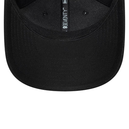 New Era Big Script Black 9SEVENTY Stretch Snap Adjustable Cap, inside view showing the black taping with 9SEVENTY branding running down the centre, set against the dark grey sweatband and black undervisor.