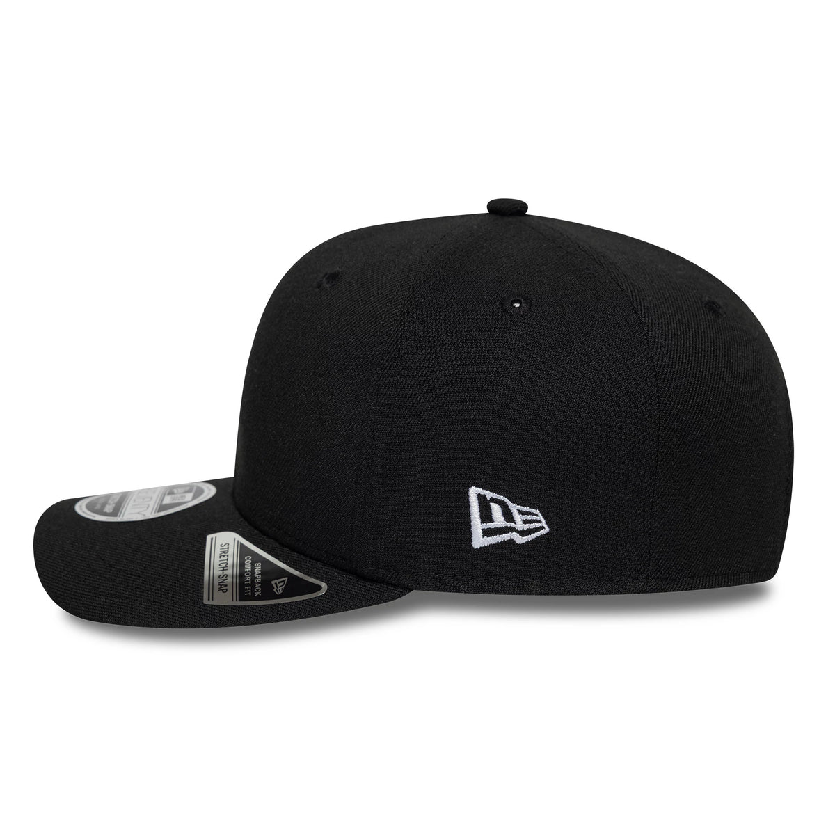 New Era Big Script Black 9SEVENTY Stretch Snap Adjustable Cap, side view showing a white embroidered New Era flag logo on the left side of the structured black crown and a 9SEVENTY size sticker on the flat black visor.