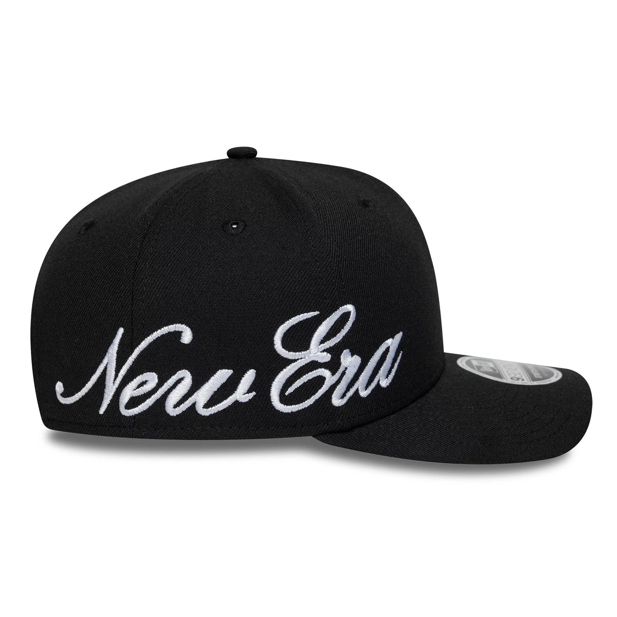 New Era Big Script Black New Era 9SEVENTY Stretch Snap Adjustable Cap, side view with large white embroidered "New Era" script on the structured black crown, featuring the 9SEVENTY size sticker on the flat visor.