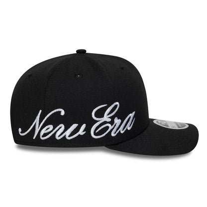 New Era Big Script Black New Era 9SEVENTY Stretch Snap Adjustable Cap, side view with large white embroidered "New Era" script on the structured black crown, featuring the 9SEVENTY size sticker on the flat visor.