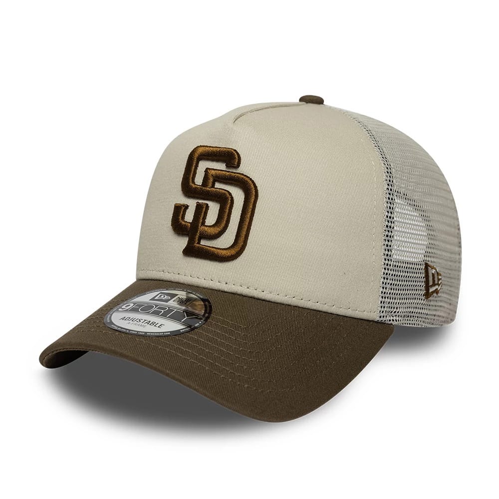 Pictured is this MLB Patch San Diego Padres 9FORTY A-Frame Trucker cap in light beige. 3