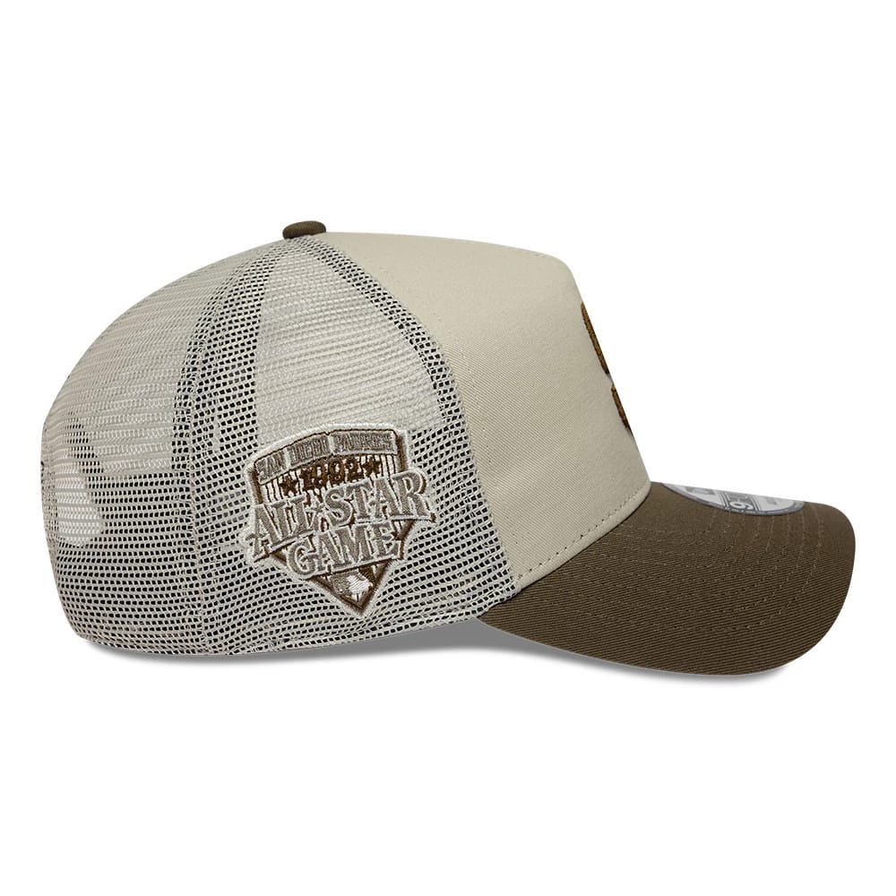 Pictured is this MLB Patch San Diego Padres 9FORTY A-Frame Trucker cap in light beige. 4