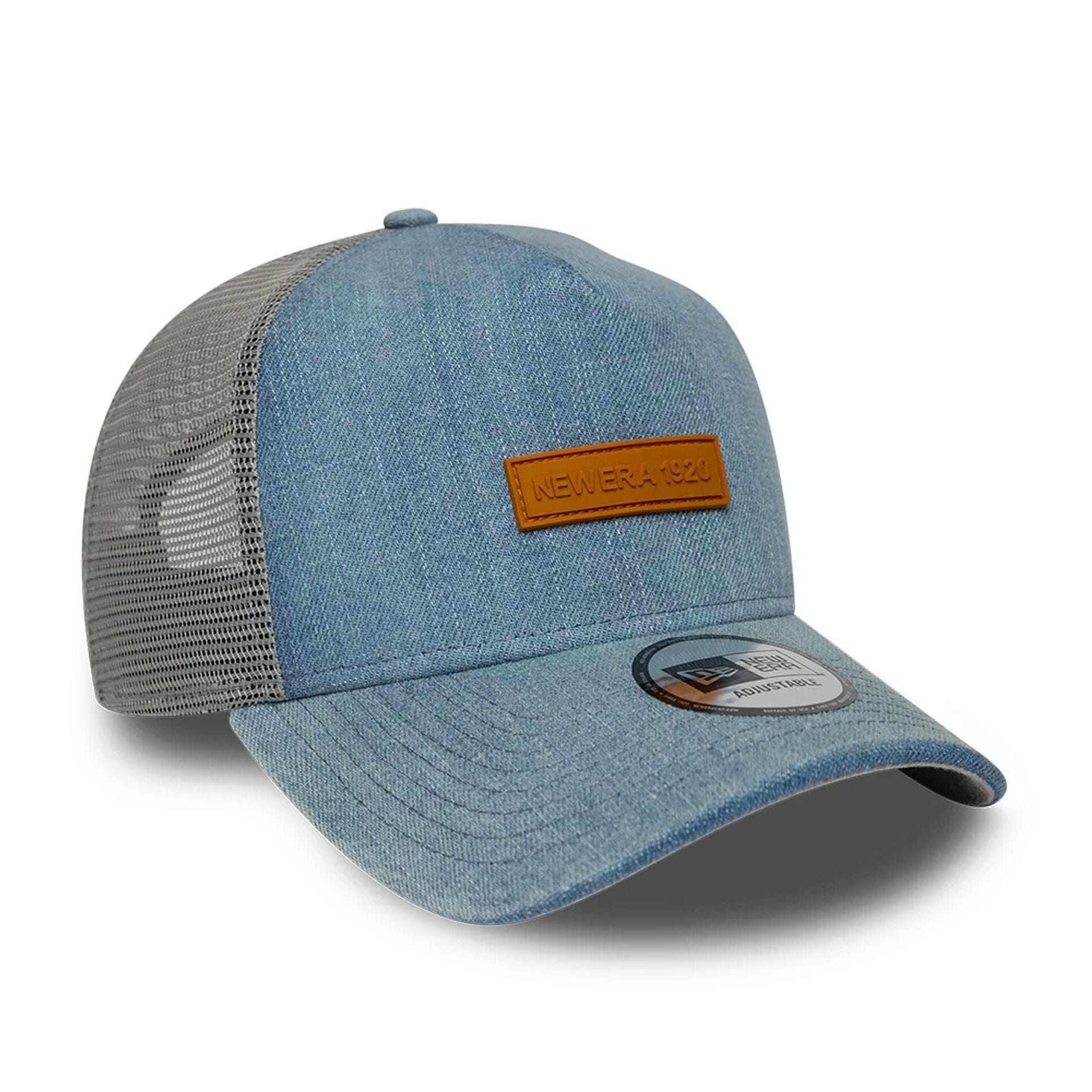 Pictured is this New Era Washed Denim 9FORTY A-Frame Trucker cap in navy. 4