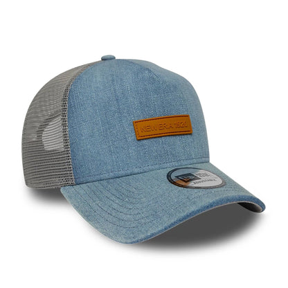 Pictured is this New Era Washed Denim 9FORTY A-Frame Trucker cap in navy. 4