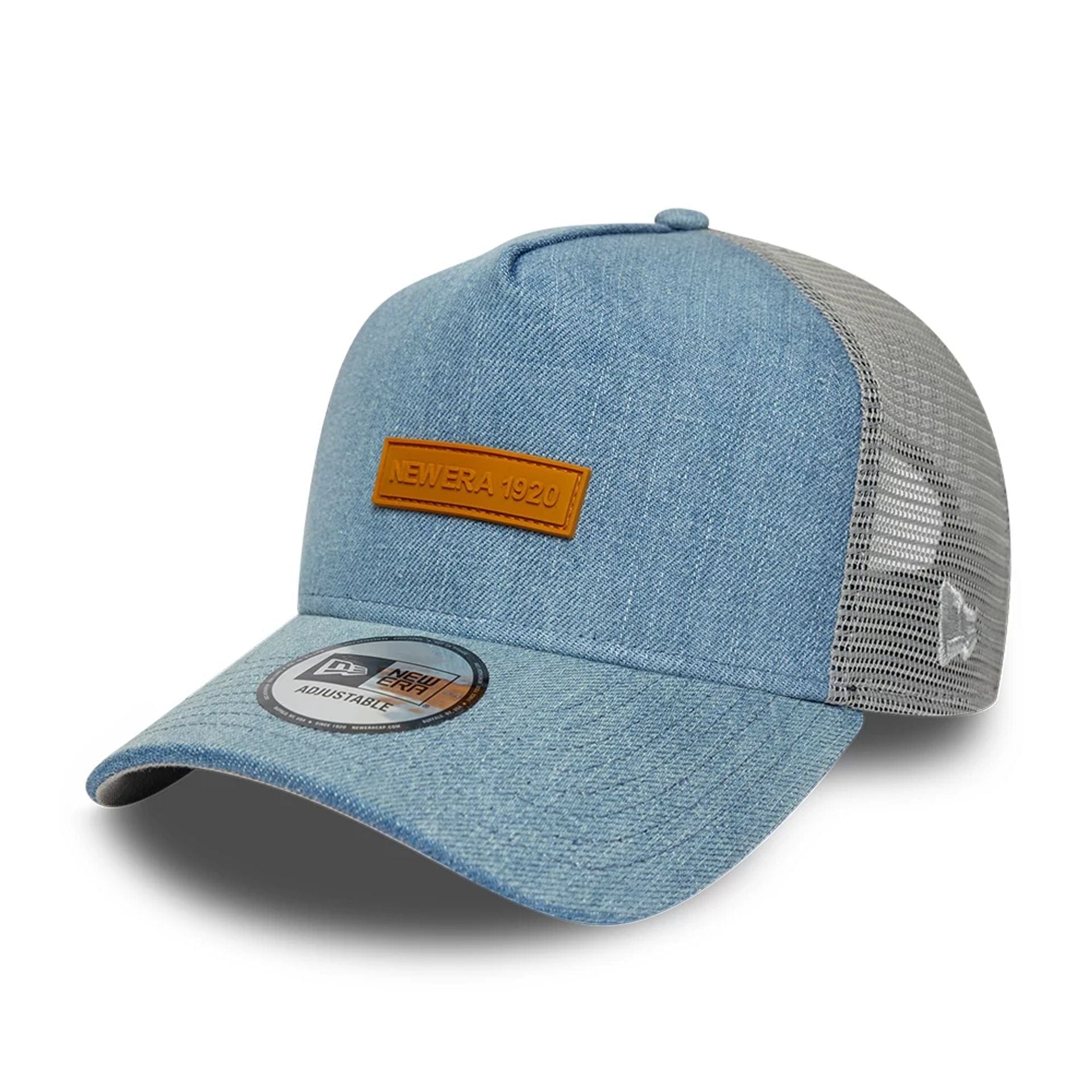 Pictured is this New Era Washed Denim 9FORTY A-Frame Trucker cap in navy. 1
