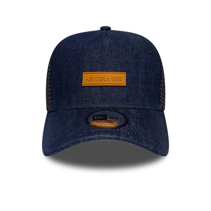 Pictured is this New Era Denim 9FORTY A-Frame Trucker cap in navy. 2