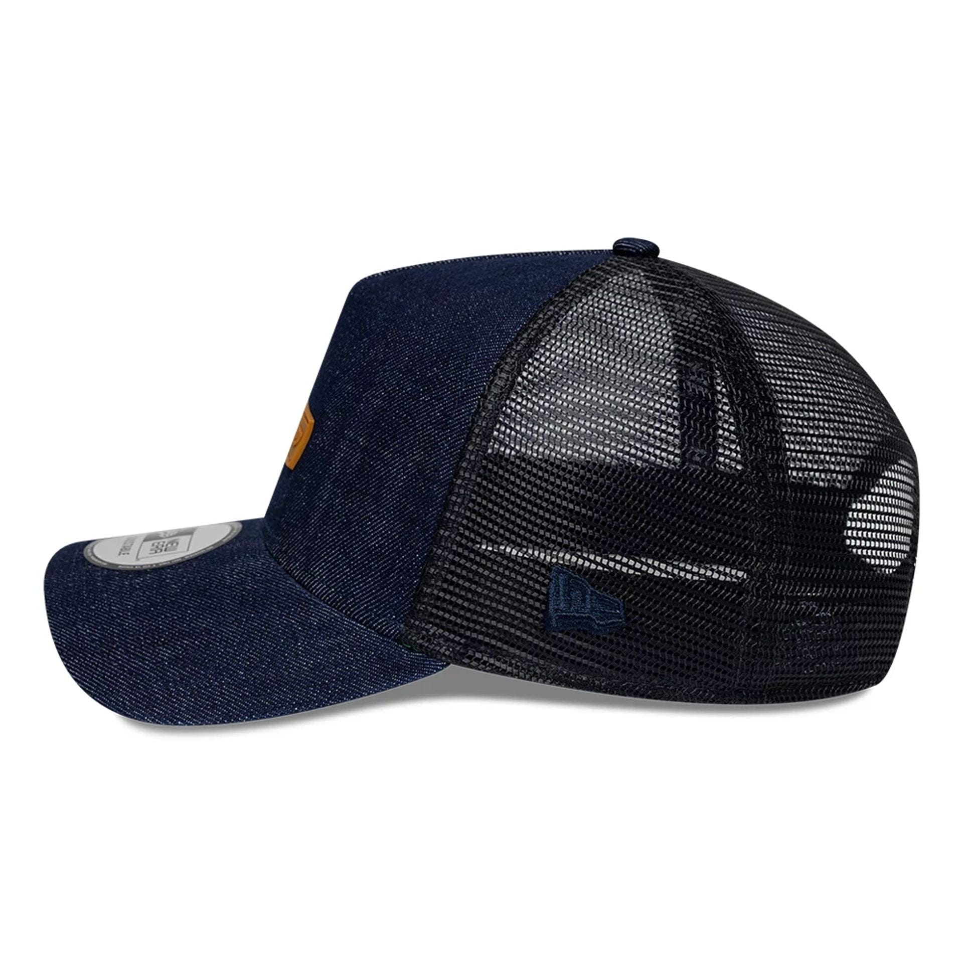 Pictured is this New Era Denim 9FORTY A-Frame Trucker cap in navy. 4