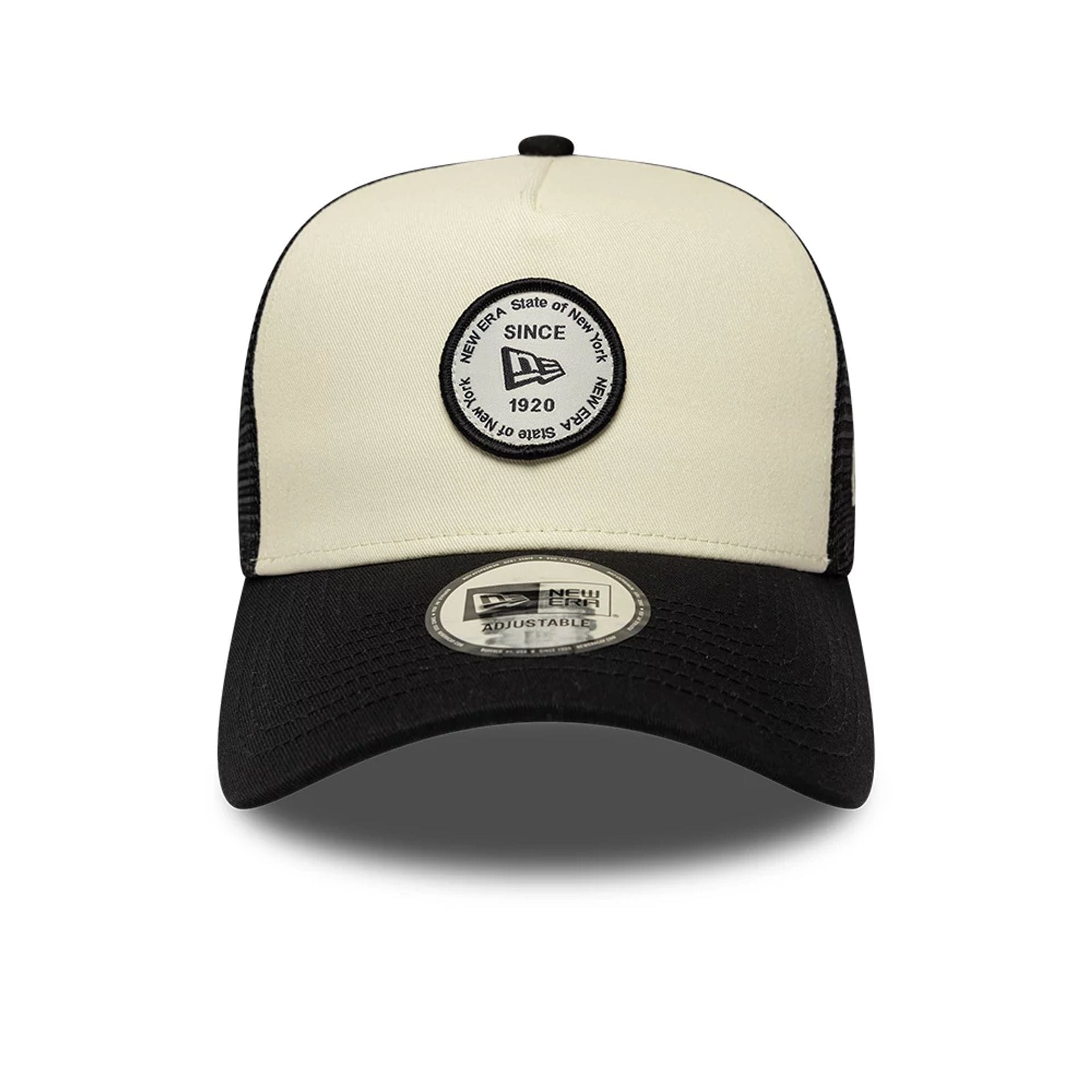 Pictured is this New Era Round Patch 9FORTY A-Frame Trucker Adjustable cap in white. 2