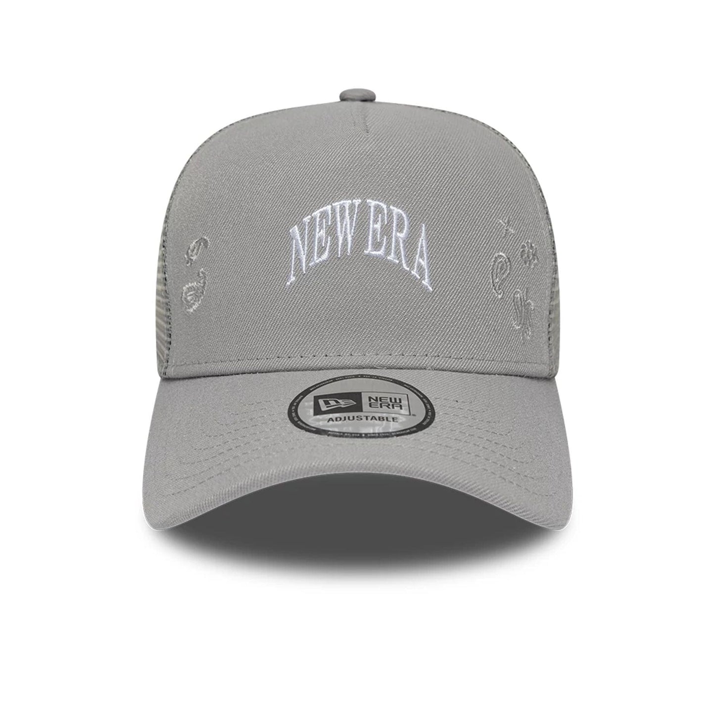 Pictured is this New Era Paisley Emblem 9FORTY A-Frame Trucker cap in grey. 2