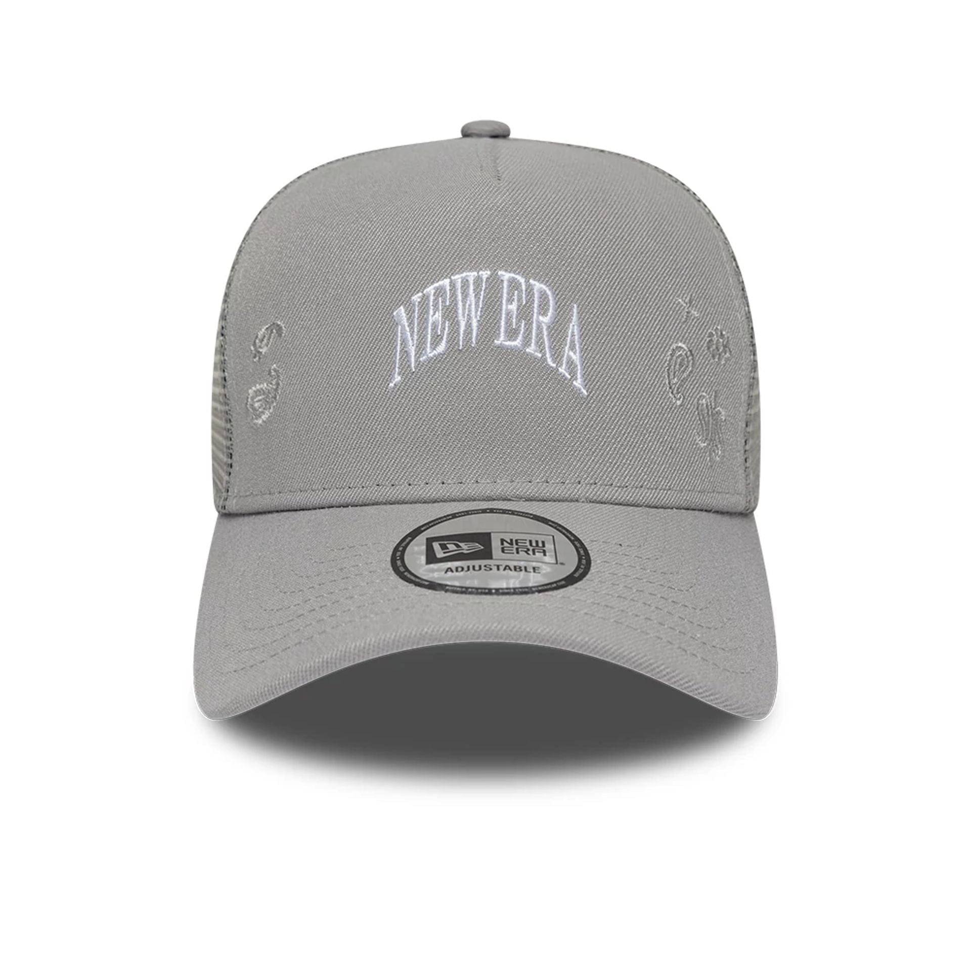 Pictured is this New Era Paisley Emblem 9FORTY A-Frame Trucker cap in grey. 2