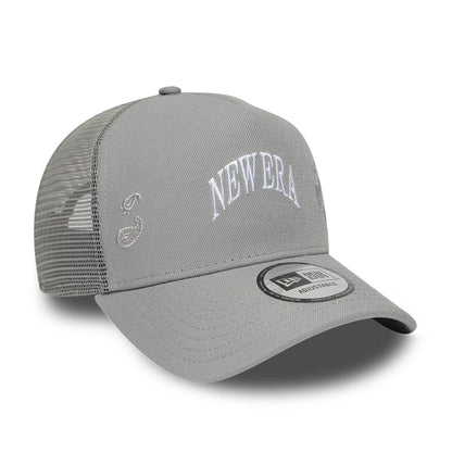 Pictured is this New Era Paisley Emblem 9FORTY A-Frame Trucker cap in grey. 3