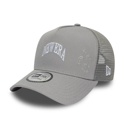Pictured is this New Era Paisley Emblem 9FORTY A-Frame Trucker cap in grey. 1