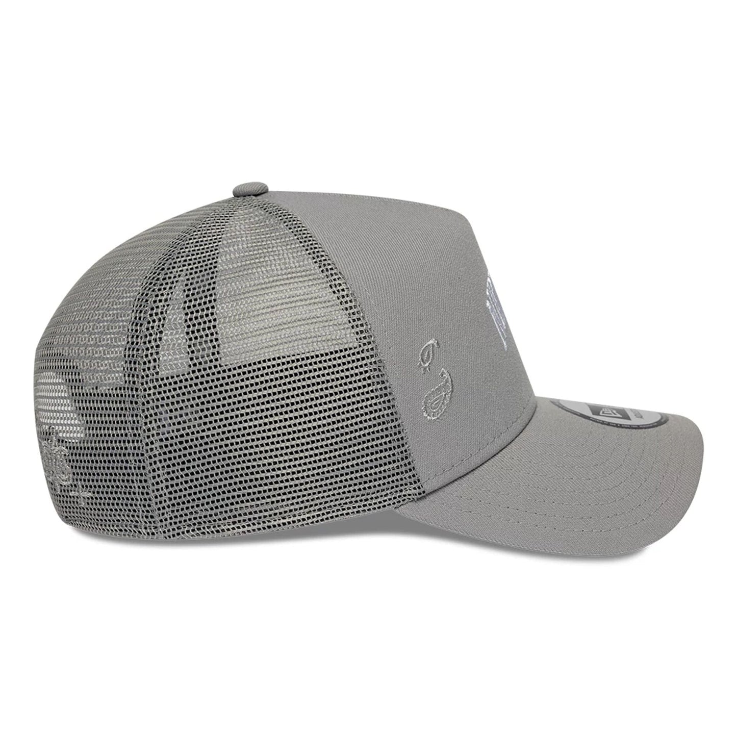 Pictured is this New Era Paisley Emblem 9FORTY A-Frame Trucker cap in grey. 5