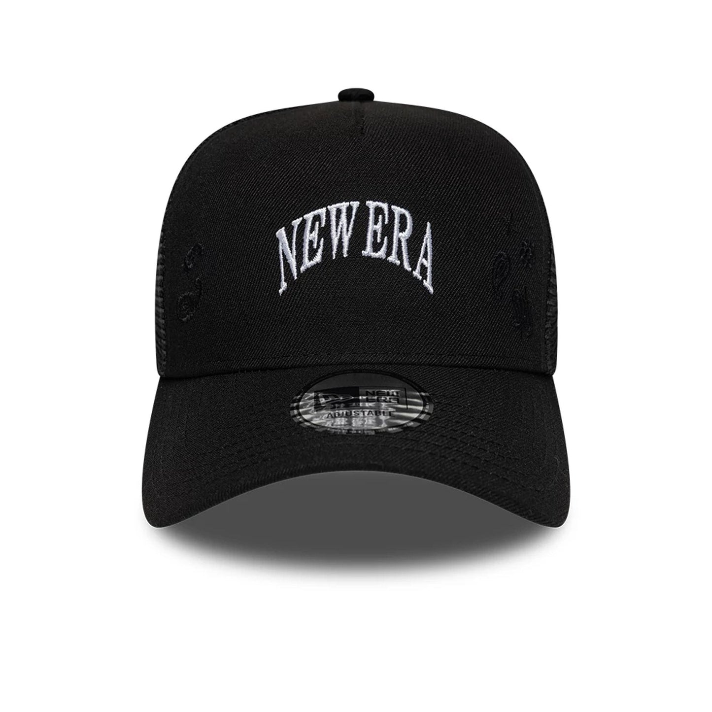 Pictured is this New Era Paisley Emblem 9FORTY A-Frame Trucker cap in black. 2