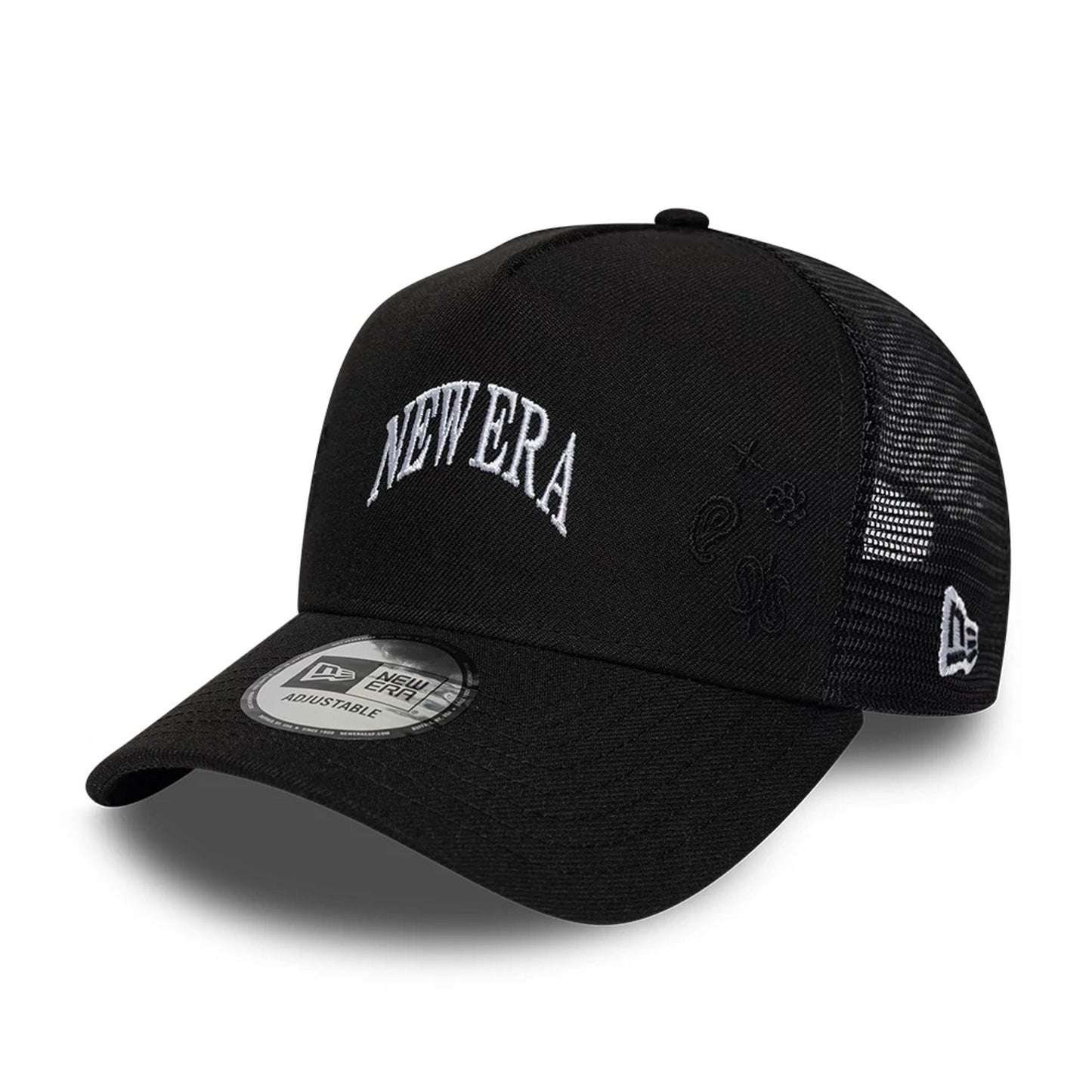 Pictured is this New Era Paisley Emblem 9FORTY A-Frame Trucker cap in black. 1