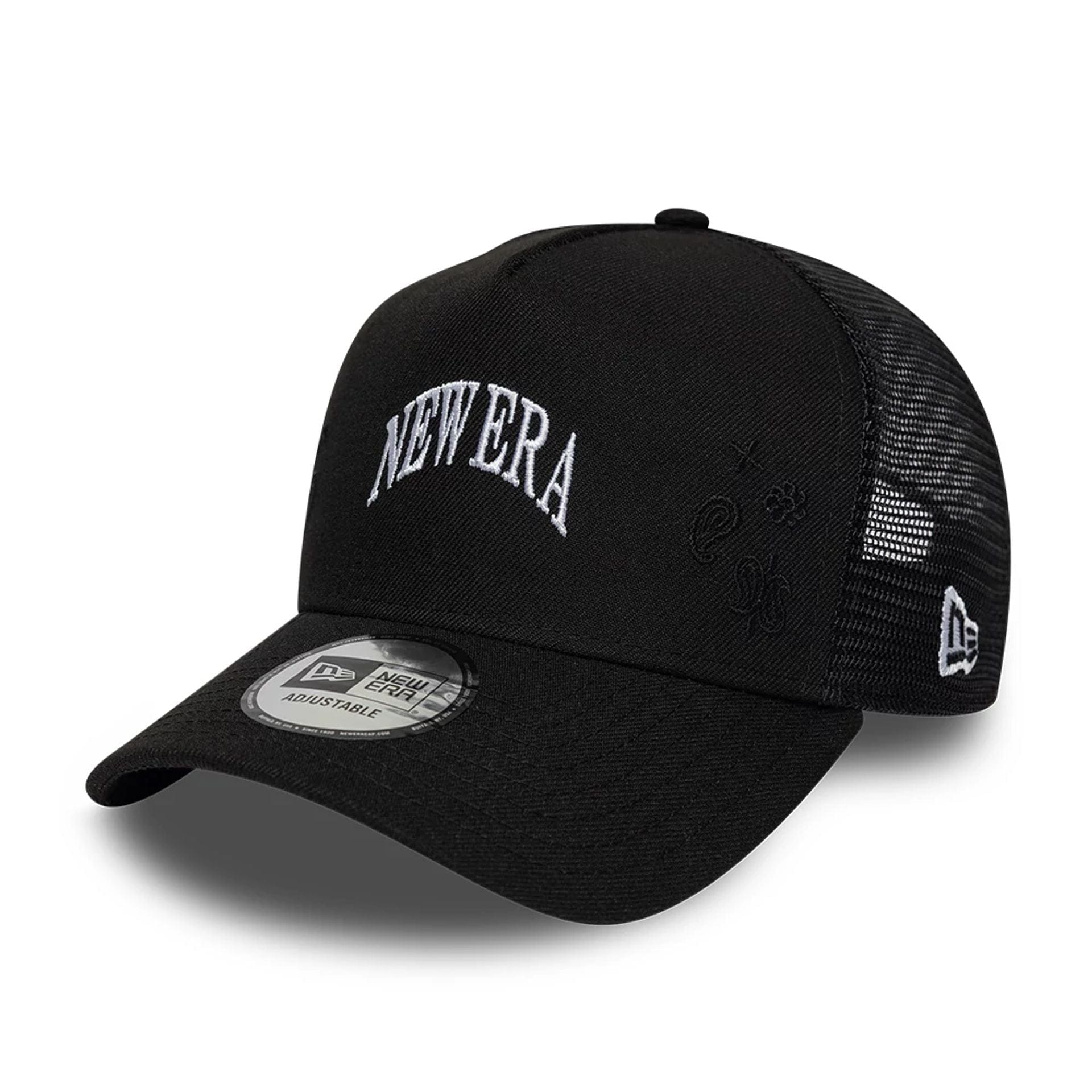 Pictured is this New Era Paisley Emblem 9FORTY A-Frame Trucker cap in black. 1