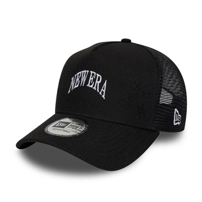 Pictured is this New Era Paisley Emblem 9FORTY A-Frame Trucker cap in black. 1