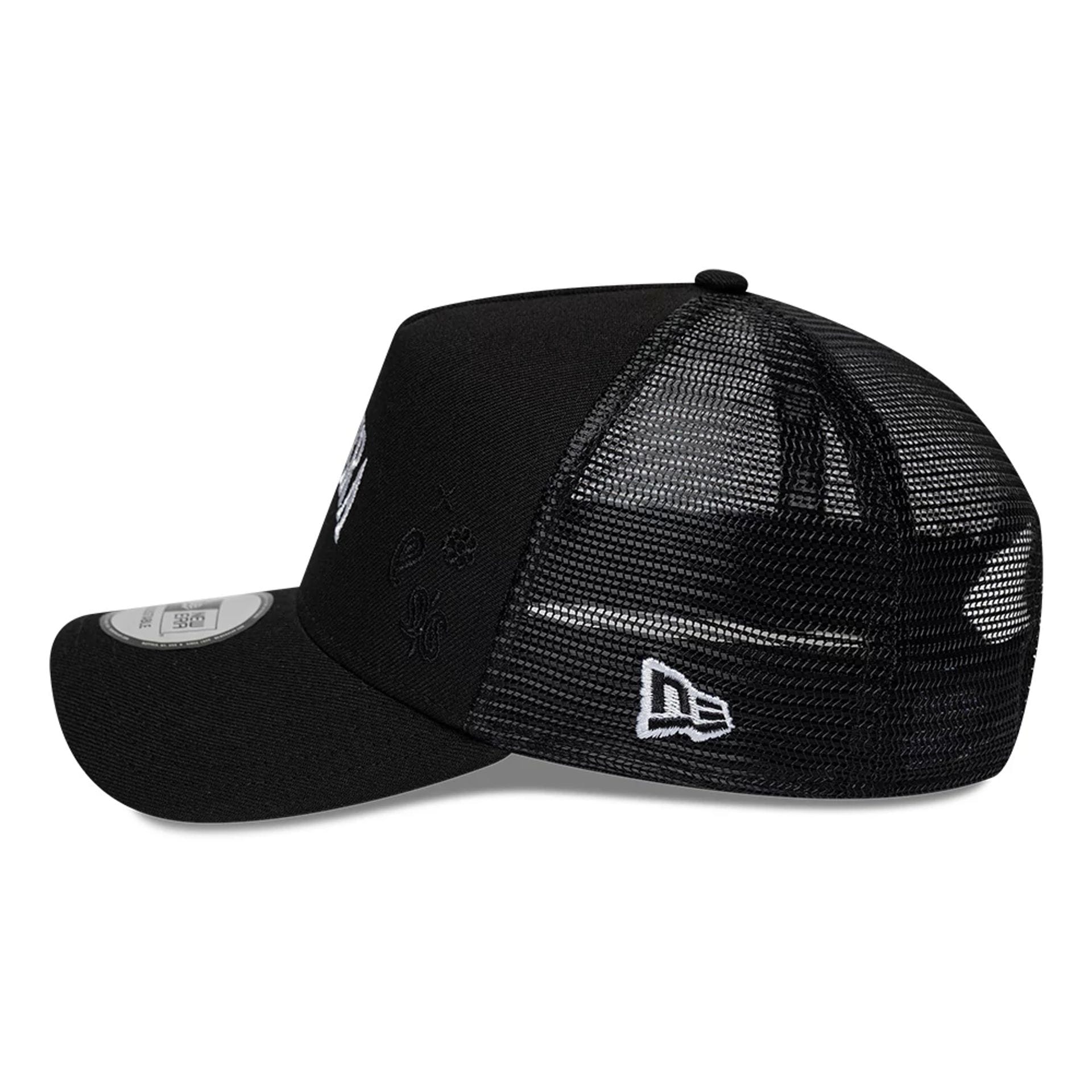 Pictured is this New Era Paisley Emblem 9FORTY A-Frame Trucker cap in black. 4
