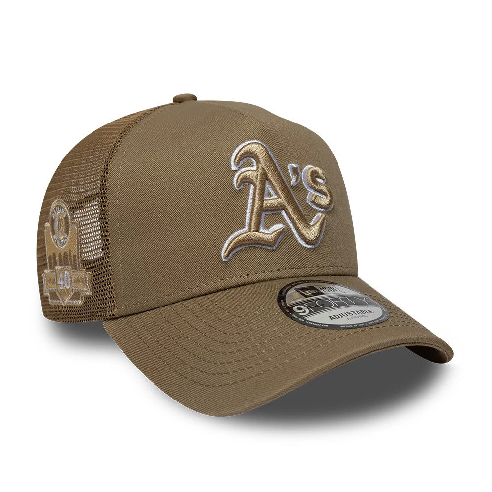 Pictured is this MLB Patch Athletics 9FORTY A-Frame Trucker cap in dark green. 1